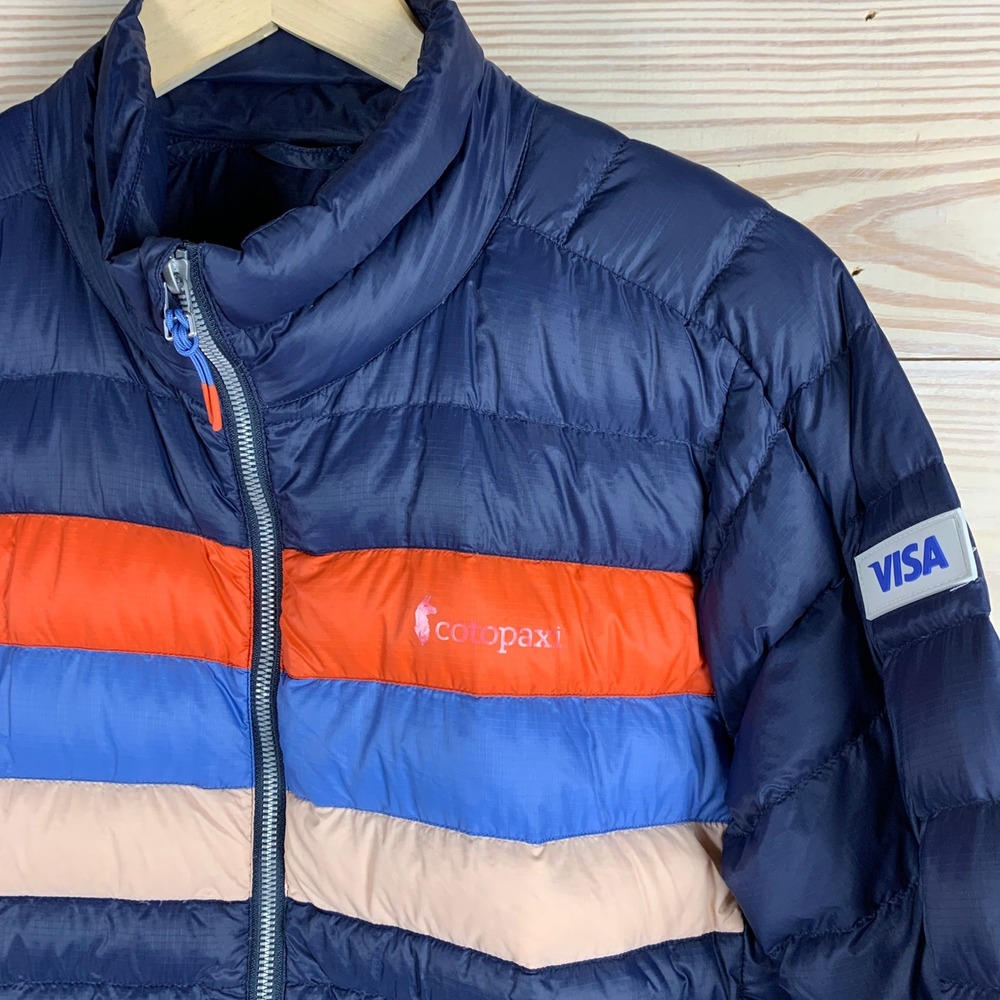Cotopaxi Fuego Down Jacket Womens Medium Navy Blue Colorblock Puffer VISA Logo - Picture 2 of 11